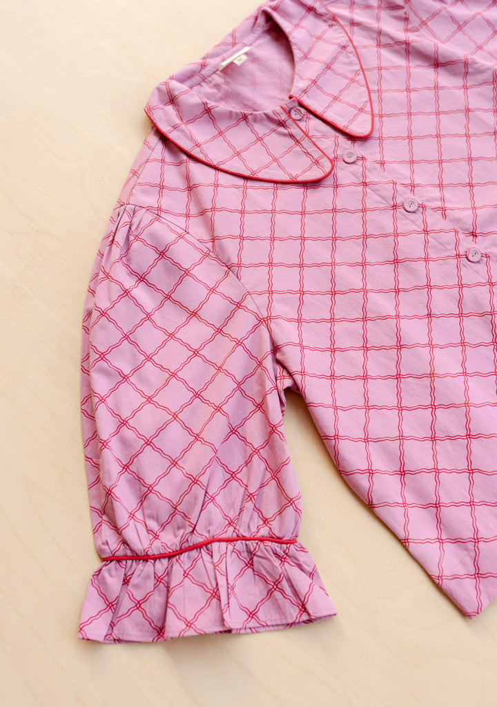 Close-up of sleeve and collar of TBCo Cropped Cotton Pyjamas in Pink Lattice, gallery position 8, portrait 1442x2048