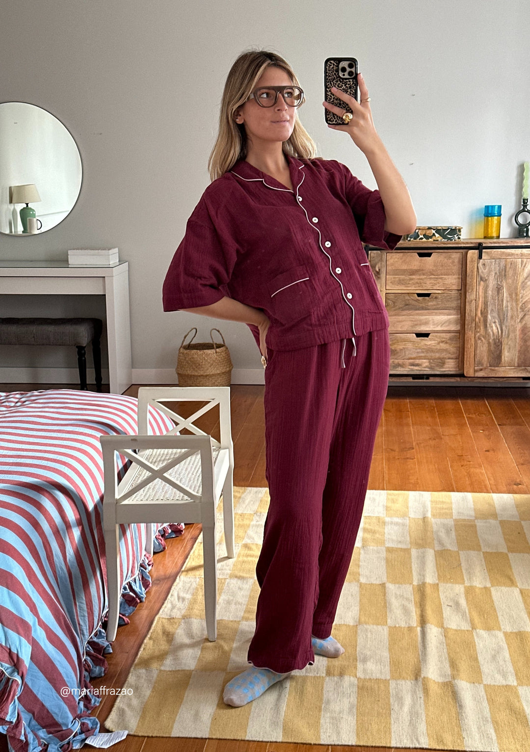 TBCo Cotton Pyjamas in Burgundy featuring button-front top with pockets and matching bottoms with scalloped hem