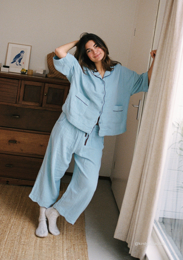 Cropped Cotton Pyjamas in Blue