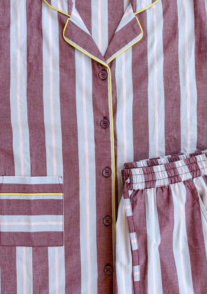 TBCo x Glassette Cotton Pyjamas in Berry Stripe, featuring a button-up top with notched collar and elastic-waist pants, both with contrast lime piping.