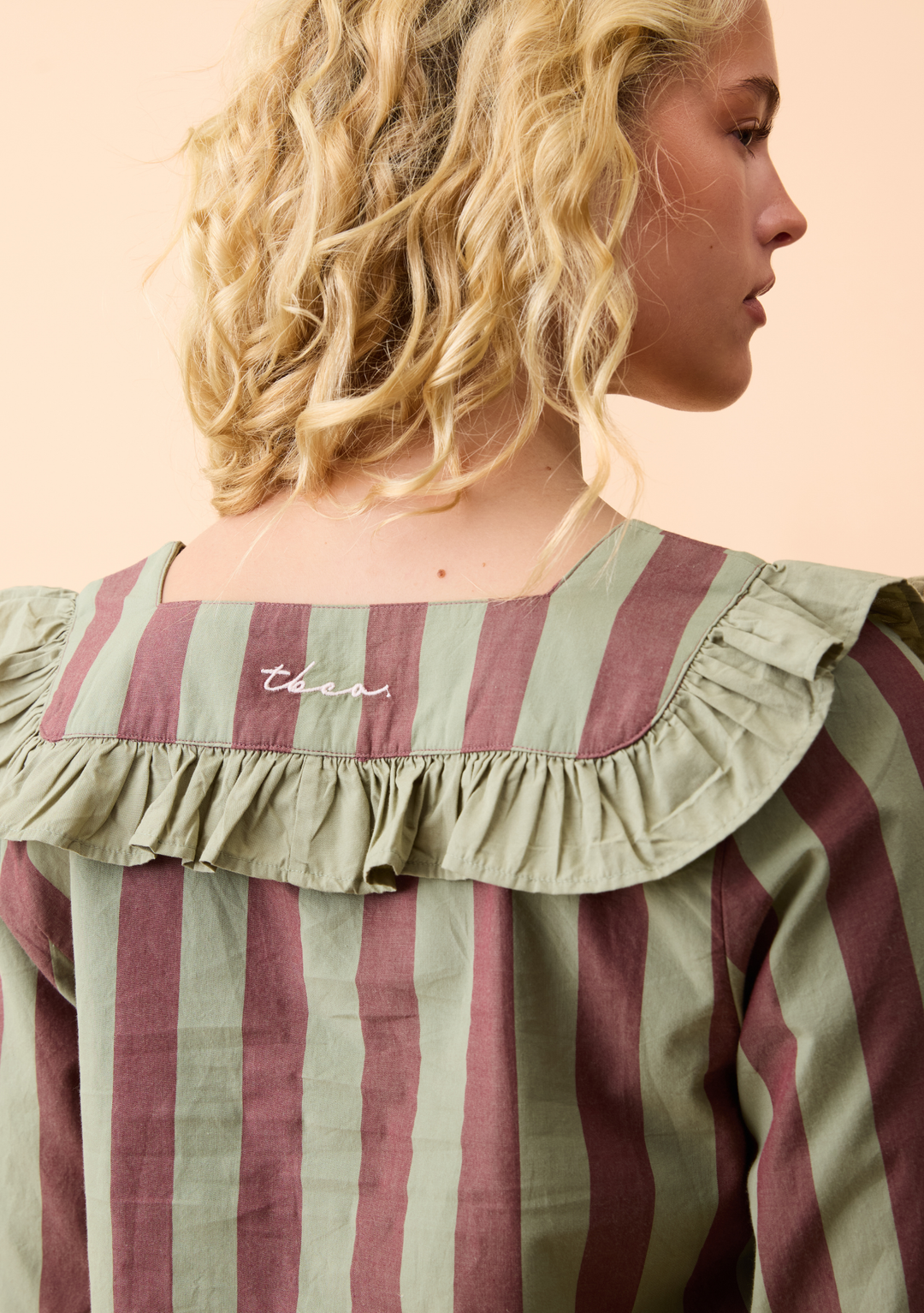 Cropped Cotton Pyjamas in Sage & Brown Stripe Ruffle