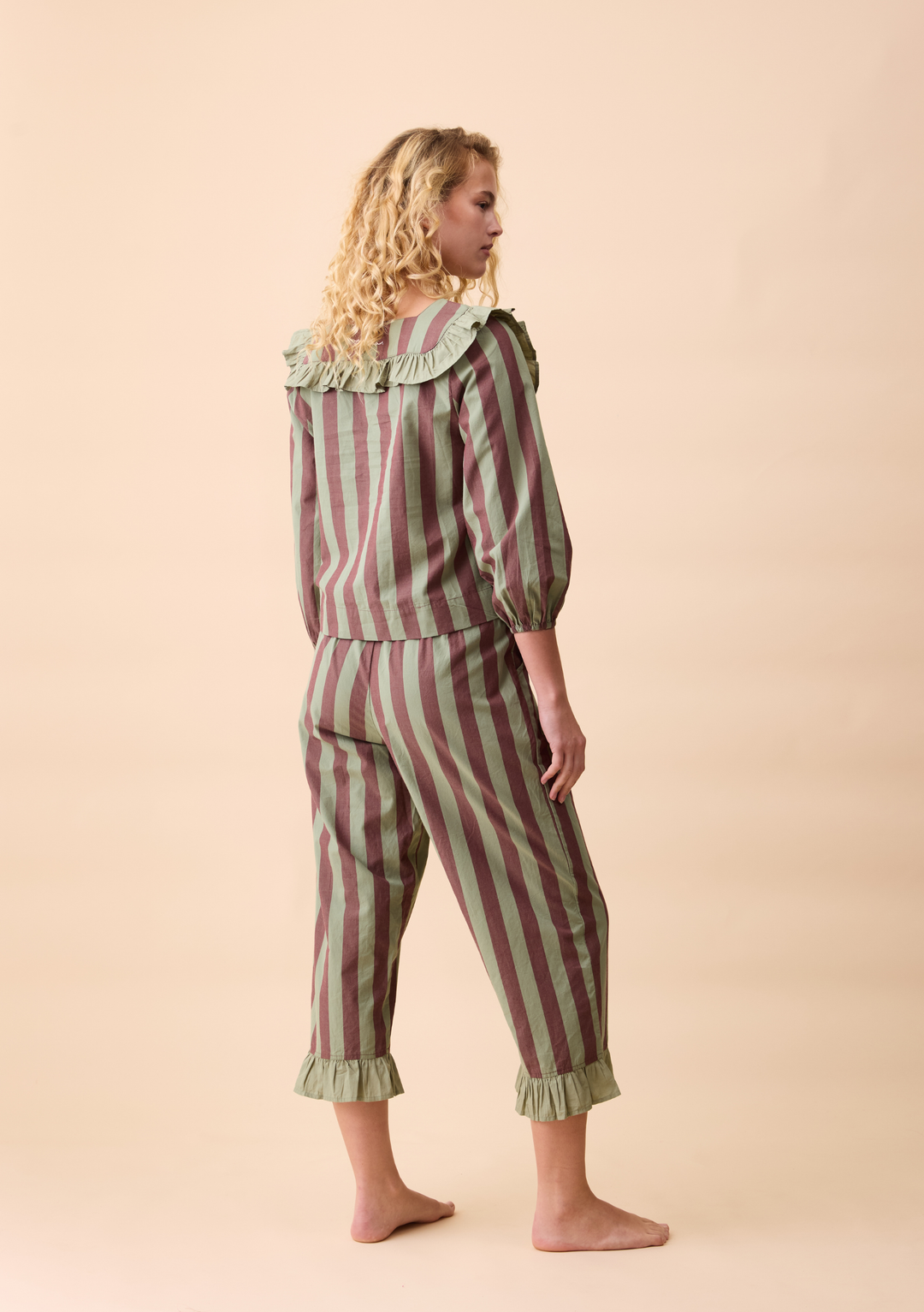 Cropped Cotton Pyjamas in Sage & Brown Stripe Ruffle