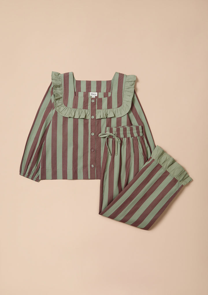 Cotton Pyjamas in Sage & Brown Stripe Ruffle