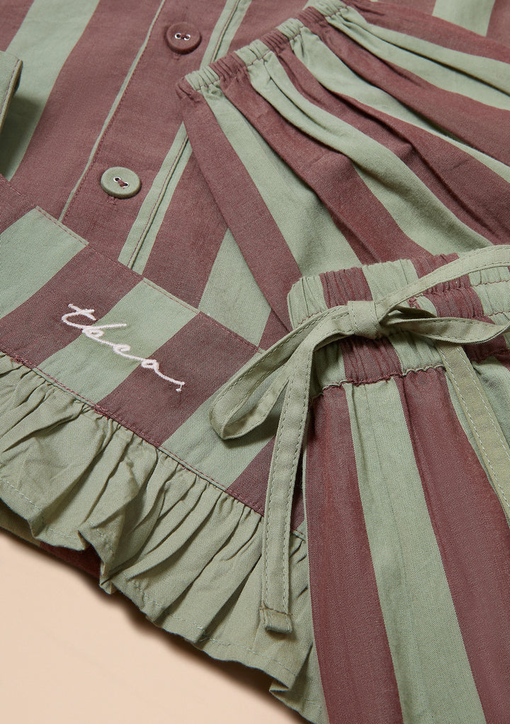 Cotton Pyjamas in Sage & Brown Stripe Ruffle