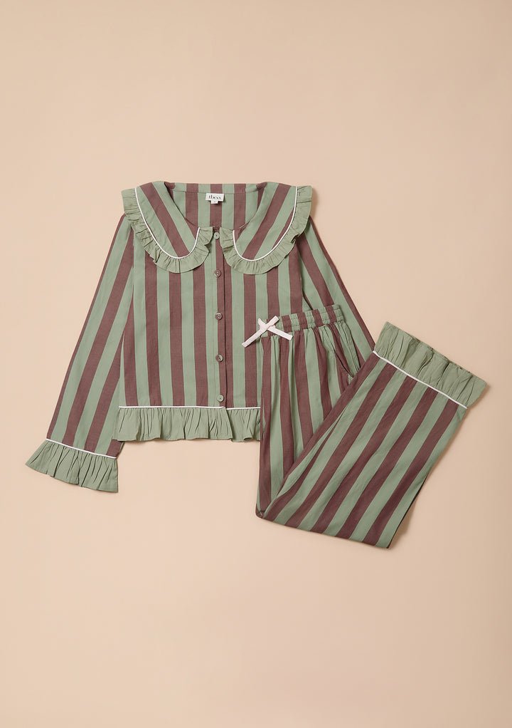 Gekürzter Baumwoll-Pyjama mit Salbei- & Braunstich