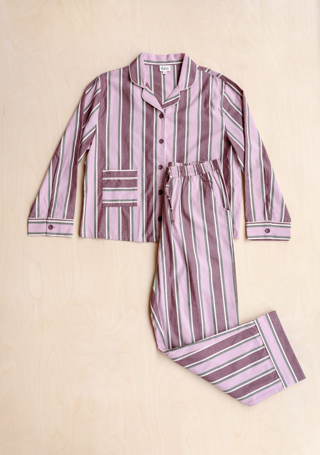 Cotton Pyjamas in Pink Stripe by TBCo, long breathable cotton set with elastic waistband and contrasting buttons.