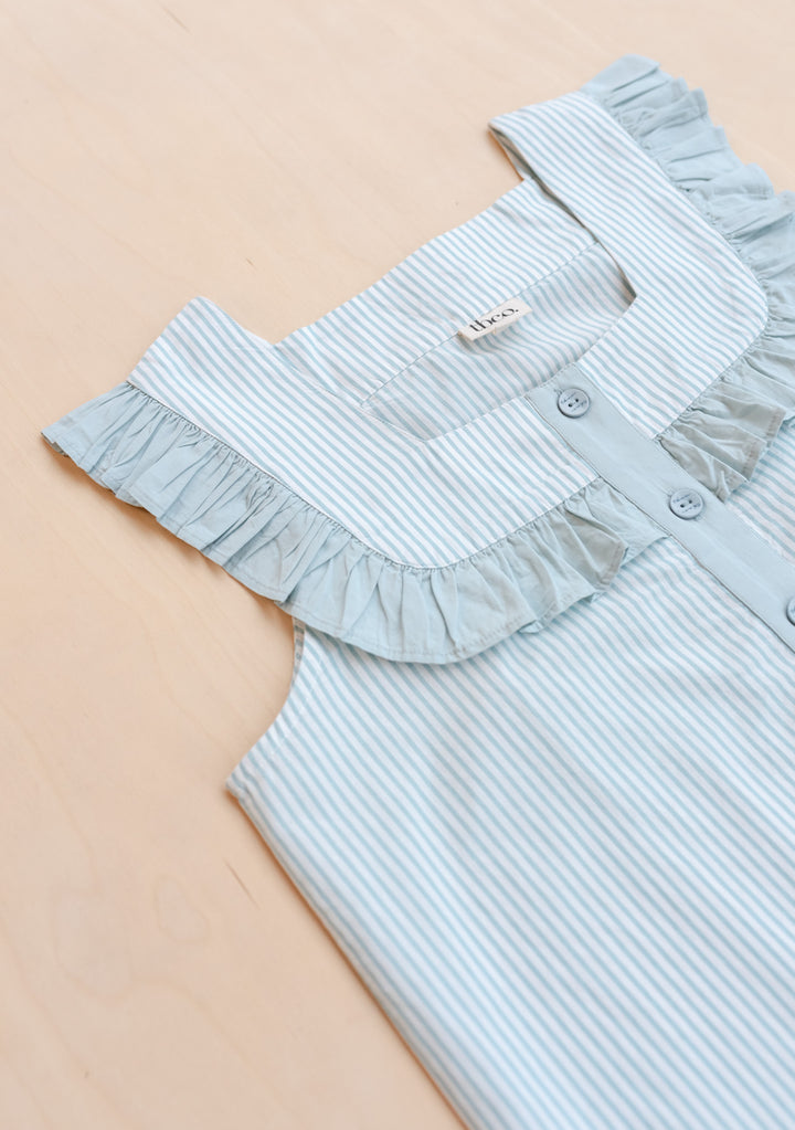 Close-up of TBCo Cotton Pyjamas in Blue Stripe Ruffle sleeveless top with delicate ruffle detail gallery position 6