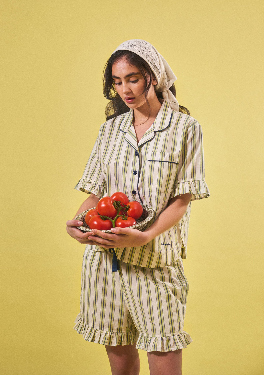 Tbco Pyjamas TBCo Cotton Women's Pyjamas in Olive Stripe Ruffle