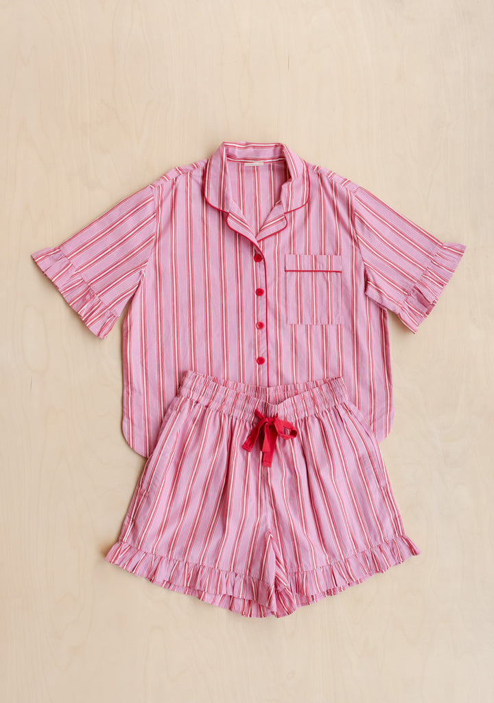 TBCo Cotton Pyjamas in Red Stripe Ruffle laid flat, gallery position 5, breathable cotton shorts set design