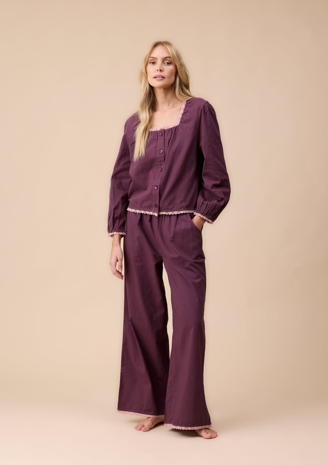 Cotton and Linen Pyjamas in Fig Trim