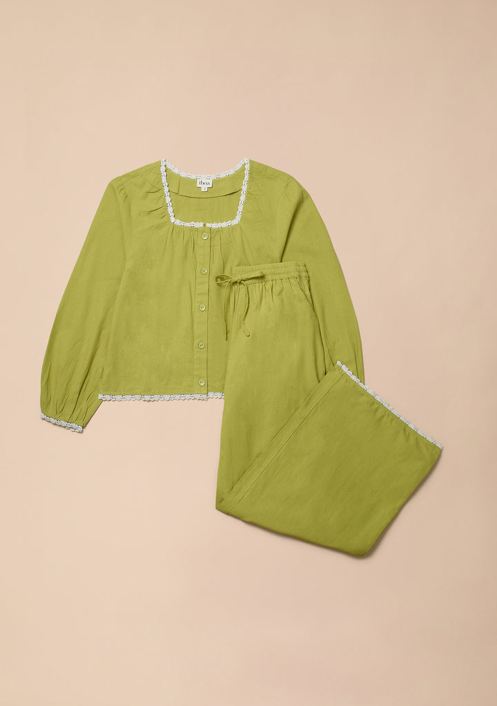 Pyjamas aus Baumwolle und Leinen mit grüner Zierleiste