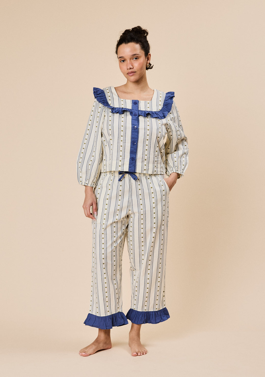 Tbco Pyjamas TBCo Women's Cropped Cotton Pyjamas in Navy & Ecru Ditsy Floral Stripe