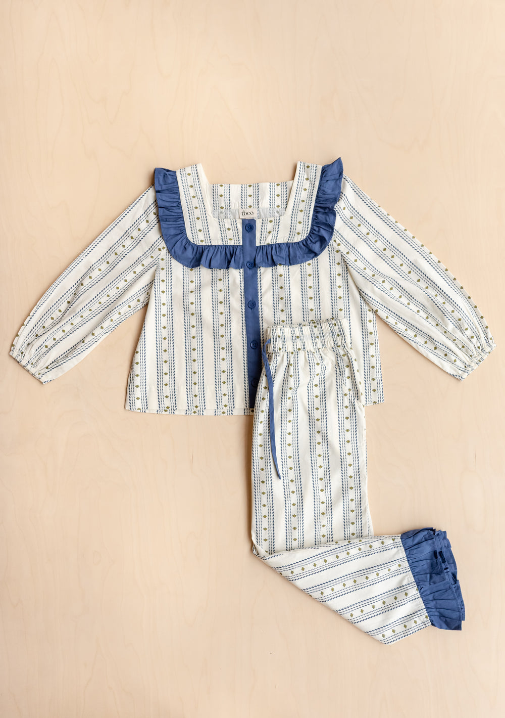 Cotton Pyjamas in Navy Ditsy floral by TBCo with ruffle collar and cropped trousers in soft cotton poplin design