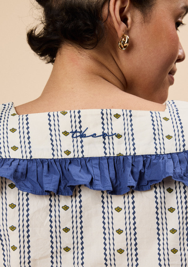 Close-up of the back neckline on TBCo Cropped Cotton Pyjamas in Navy Ditsy Floral featuring blue ruffle trim and delicate embroidery.