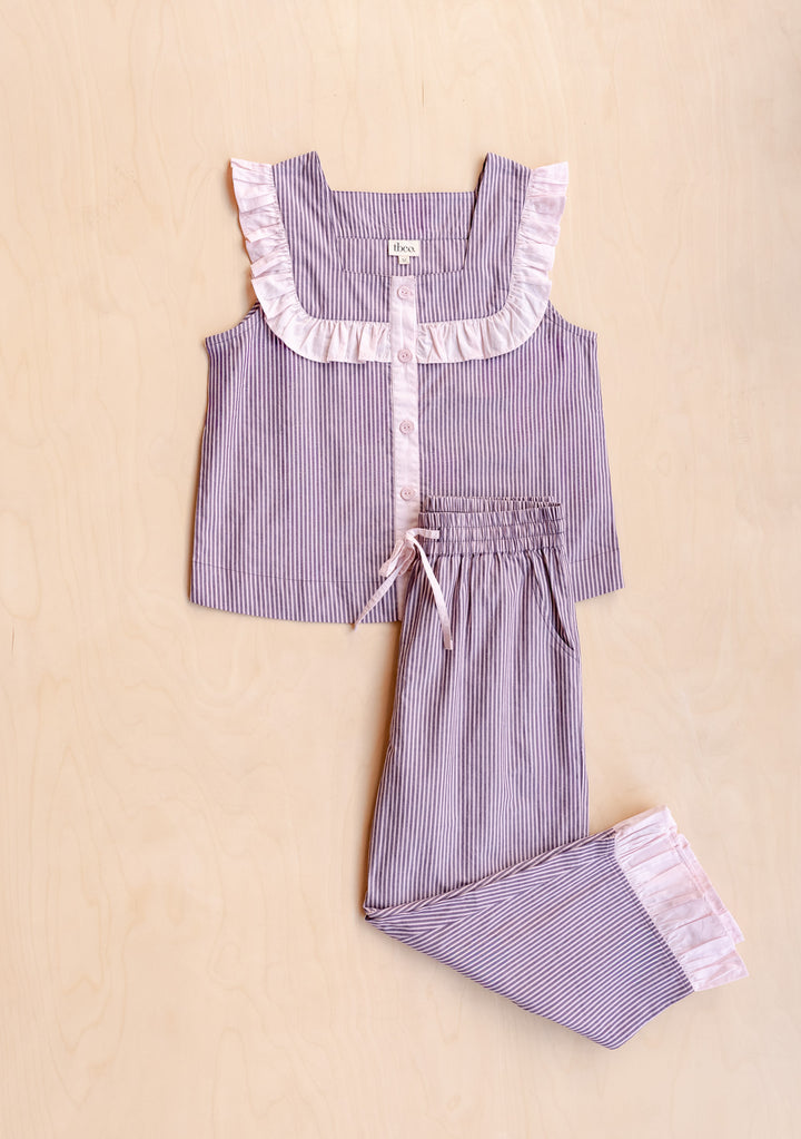Cropped Cotton Pyjamas in Burgundy Stripe Ruffle by TBCo laid flat in portrait orientation, gallery position 7.
