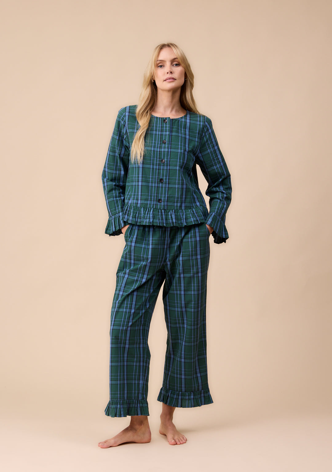 Pyjama court en coton à motif tartan vert à volants