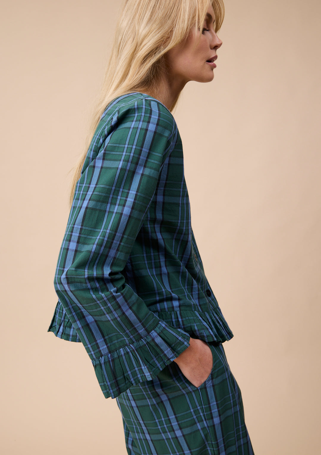 Pyjama court en coton à motif tartan vert à volants
