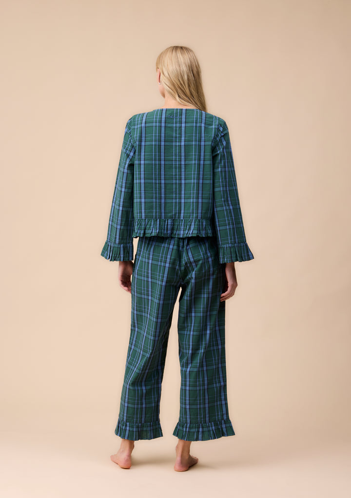 Pyjama court en coton à motif tartan vert à volants