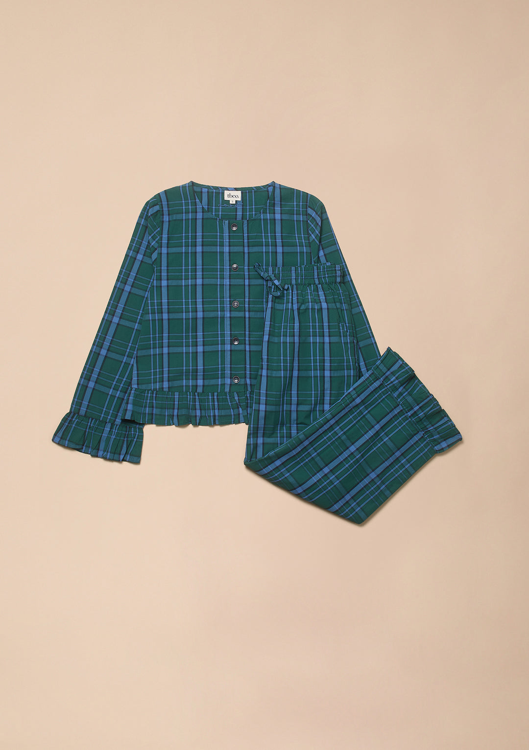 Pyjama court en coton à motif tartan vert à volants