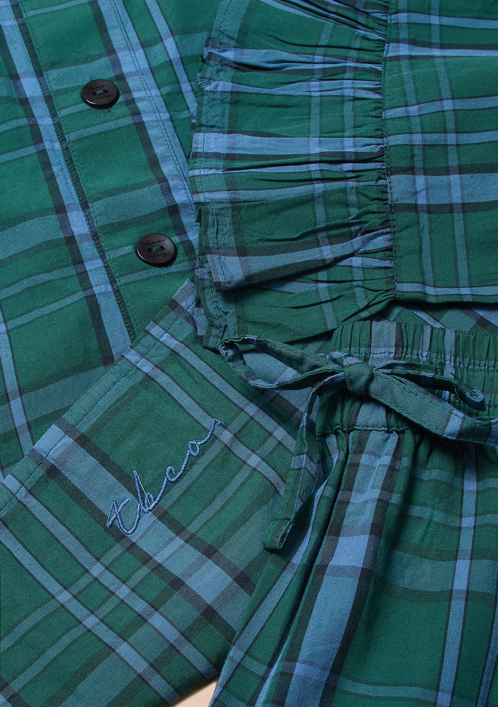 Pyjama court en coton à motif tartan vert à volants