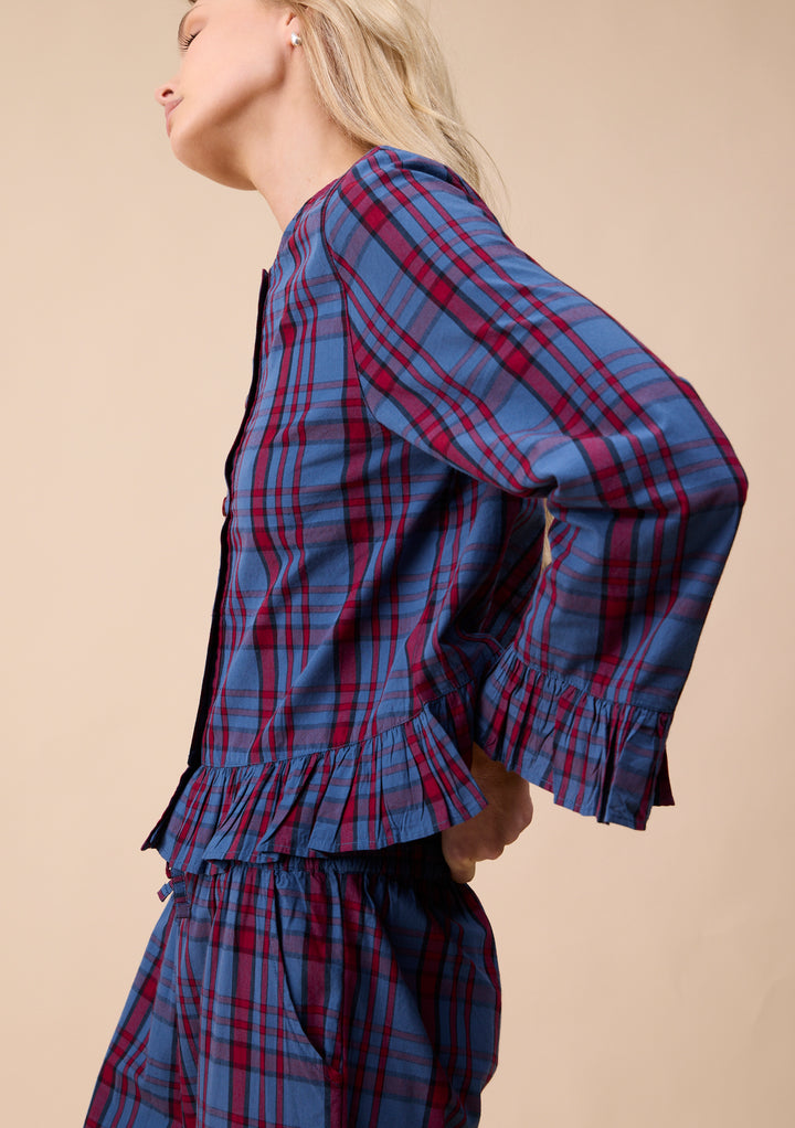 Pyjama court en coton à motif tartan bleu marine avec volants