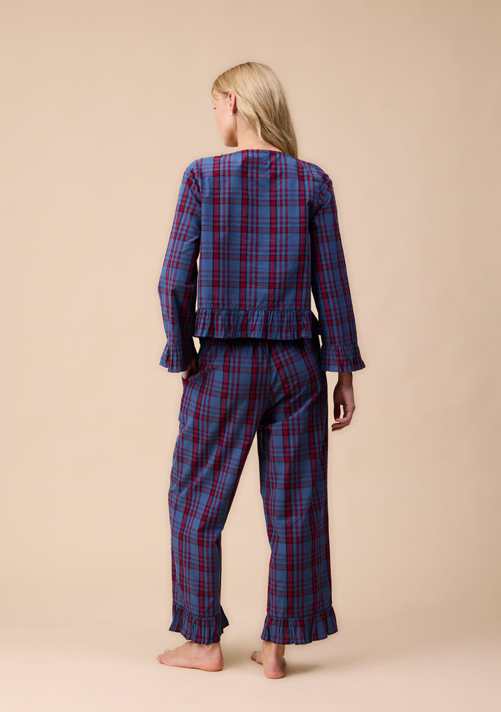 Pyjama court en coton à motif tartan bleu marine avec volants