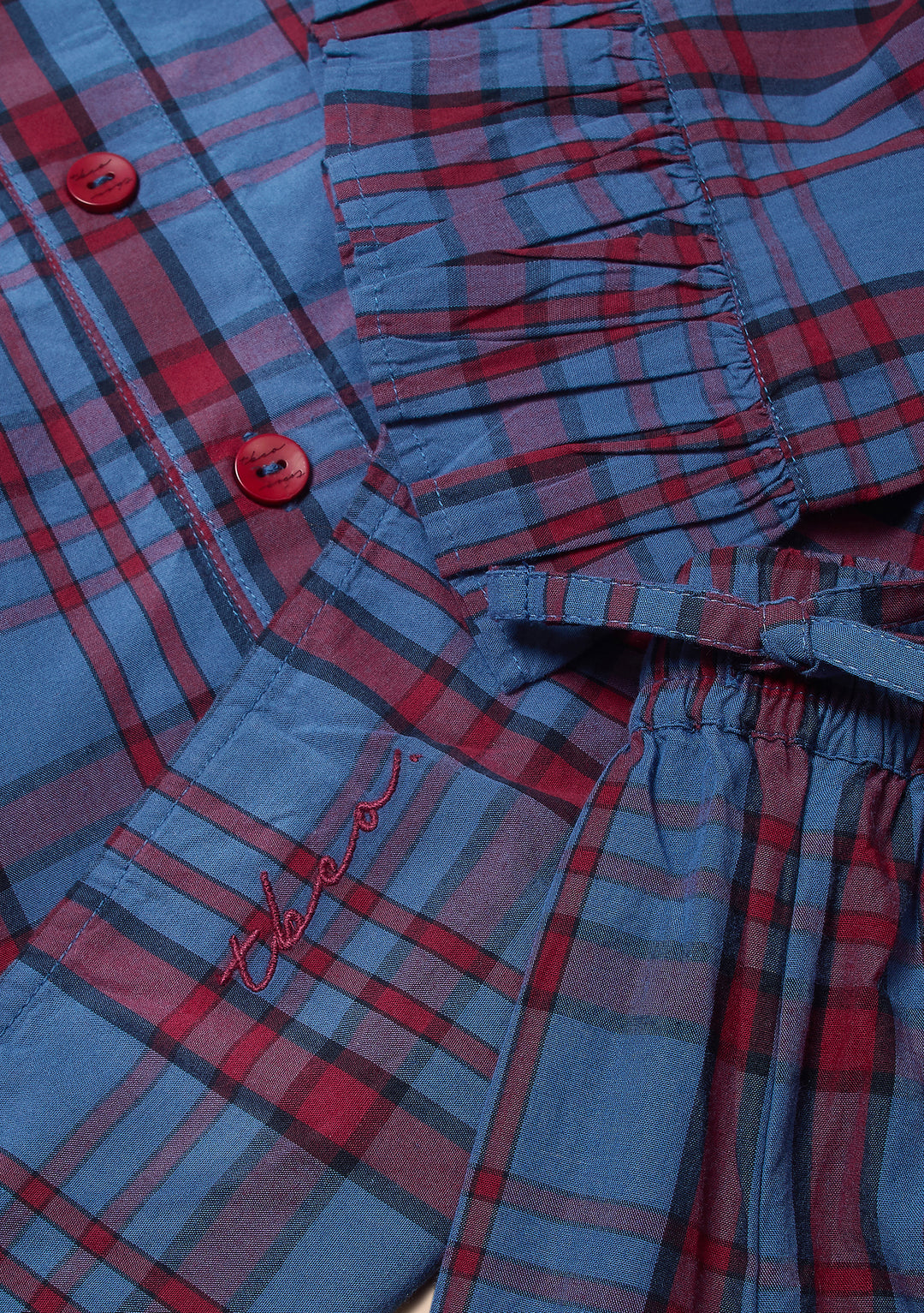 Pyjama court en coton à motif tartan bleu marine avec volants