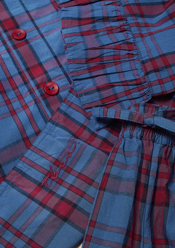 Pyjama court en coton à motif tartan bleu marine avec volants