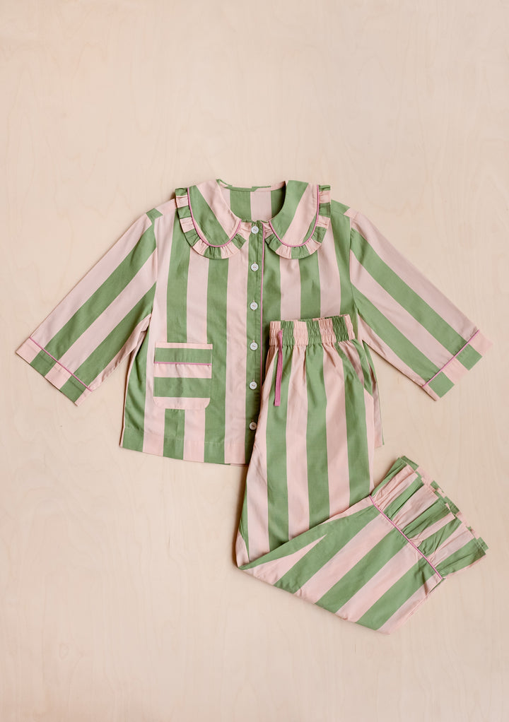 TBCo Cotton Pyjamas in Green Stripe featuring ruffled collar, vertical stripes, cropped sleeves and drawstring waist