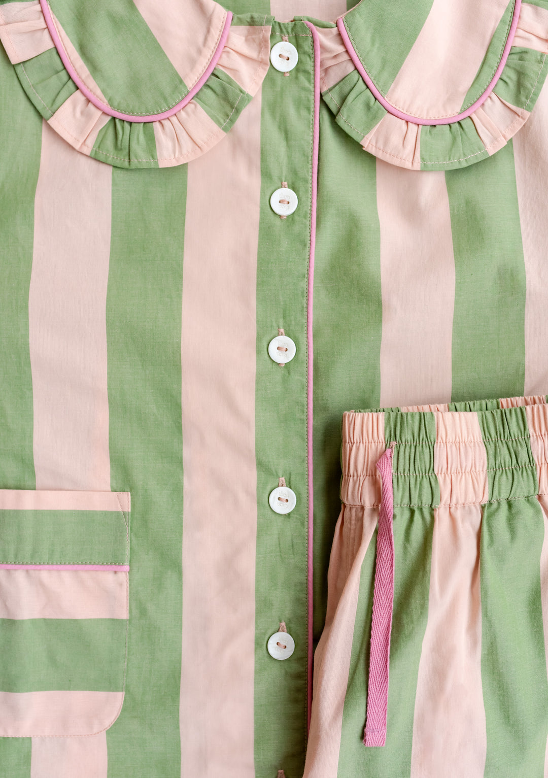 TBCo Cotton Pyjamas in green and pink stripes with ruffle collar detail, front buttons and elastic waistband