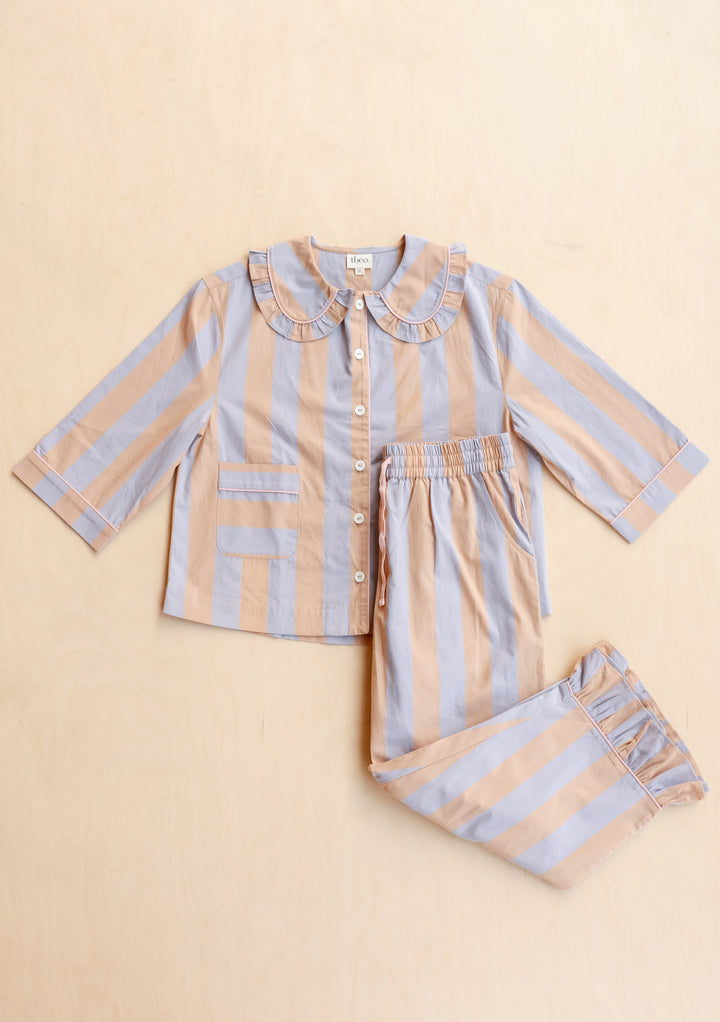 TBCo Cotton Pyjamas in Orange Stripe with ruffled collar and three-quarter sleeves, shown flat on beige background