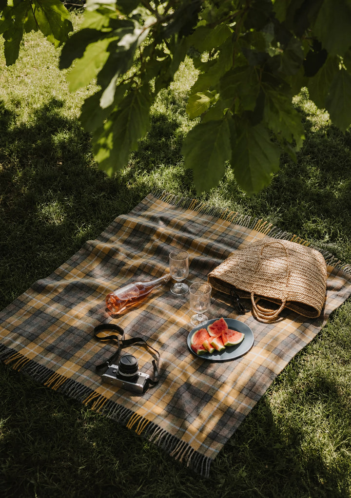 Recycled Wool Picnic Blanket in Buchanan Natural Tartan