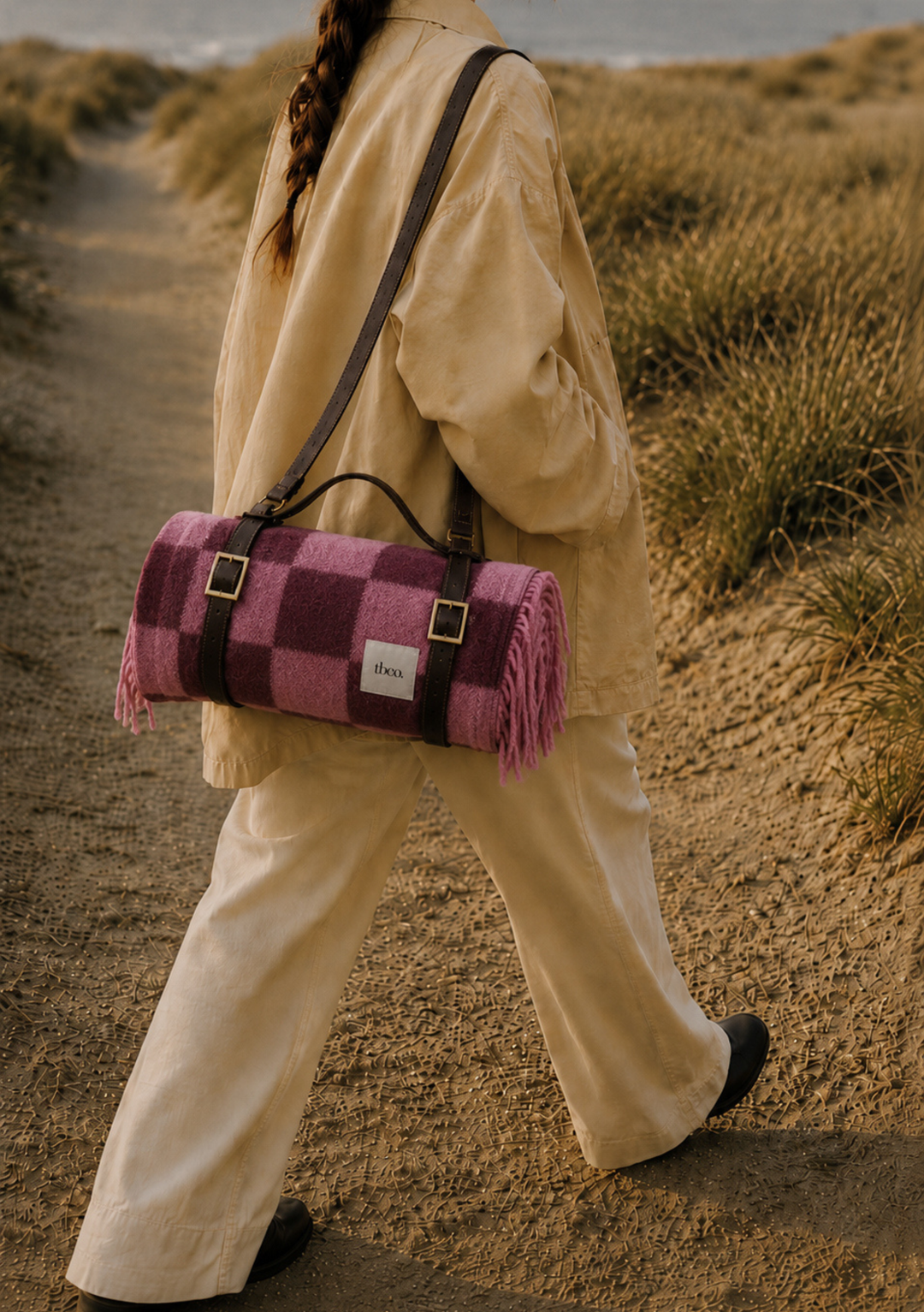Water Resistant Recycled Wool Picnic Blanket in Rose & Fig Checkerboard
