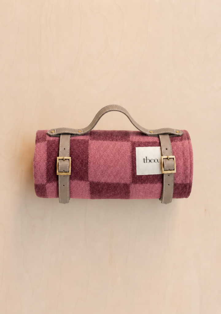 Water Resistant Recycled Wool Picnic Blanket in Rose & Fig Checkerboard