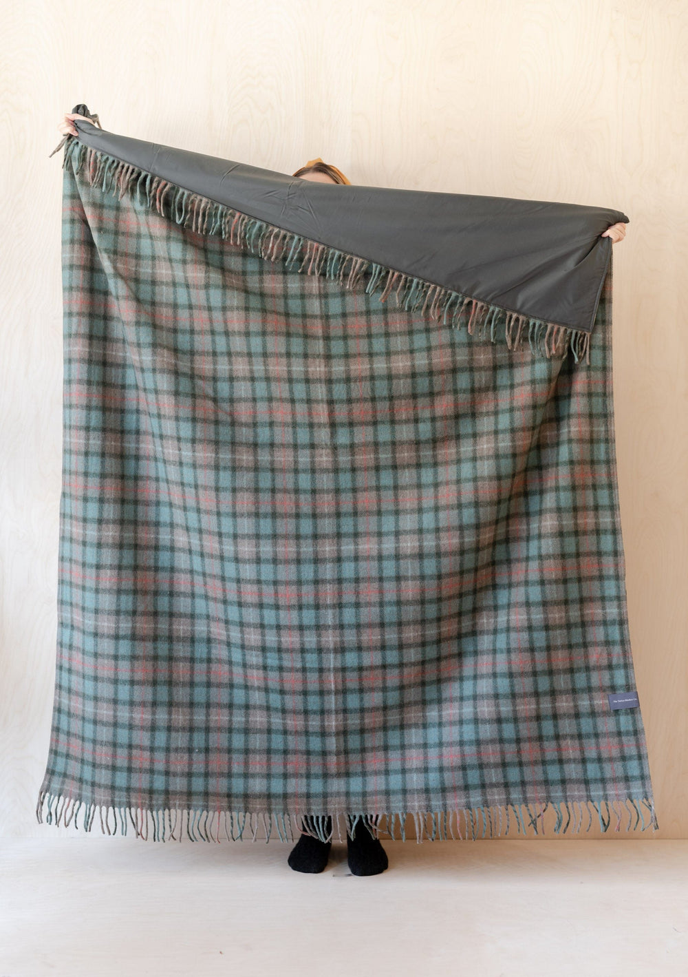 TBCo Recycled Wool Picnic Blanket in Fraser Hunting Weathered Tartan with fringe and water-resistant backing displayed unfolded