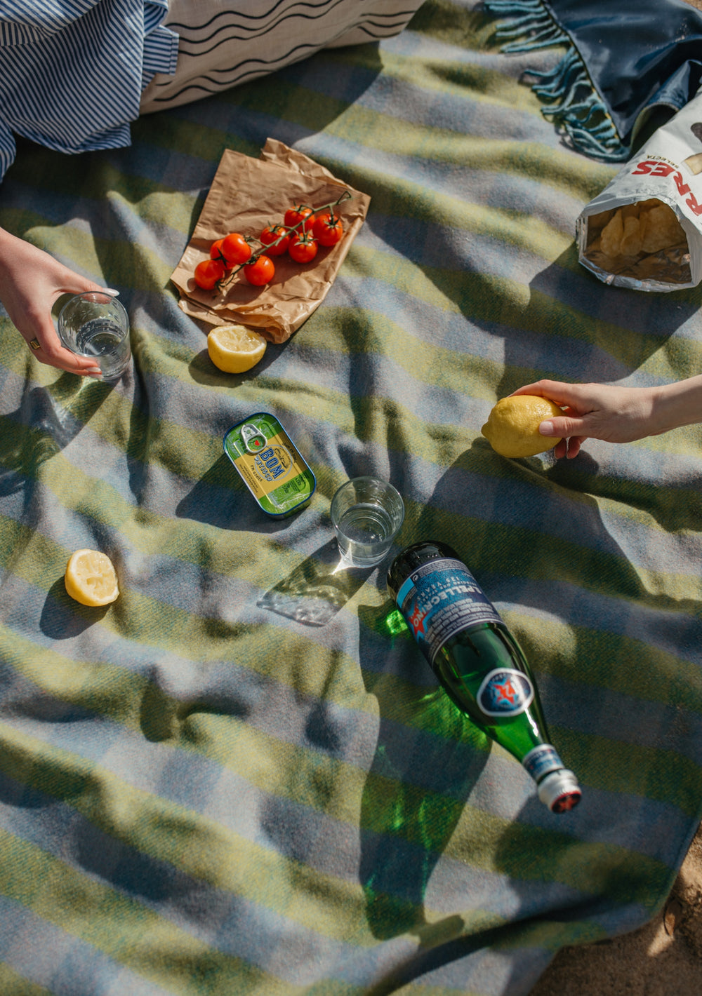 TBCo Recycled Wool Picnic Blanket in Green Gingham shown with summer picnic spread featuring drinks and fresh tomatoes