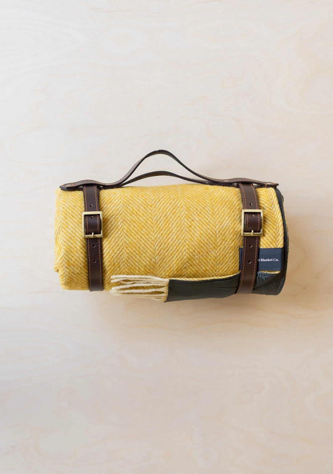 Recycled Wool Picnic Blanket in Mustard Herringbone - TBCo 