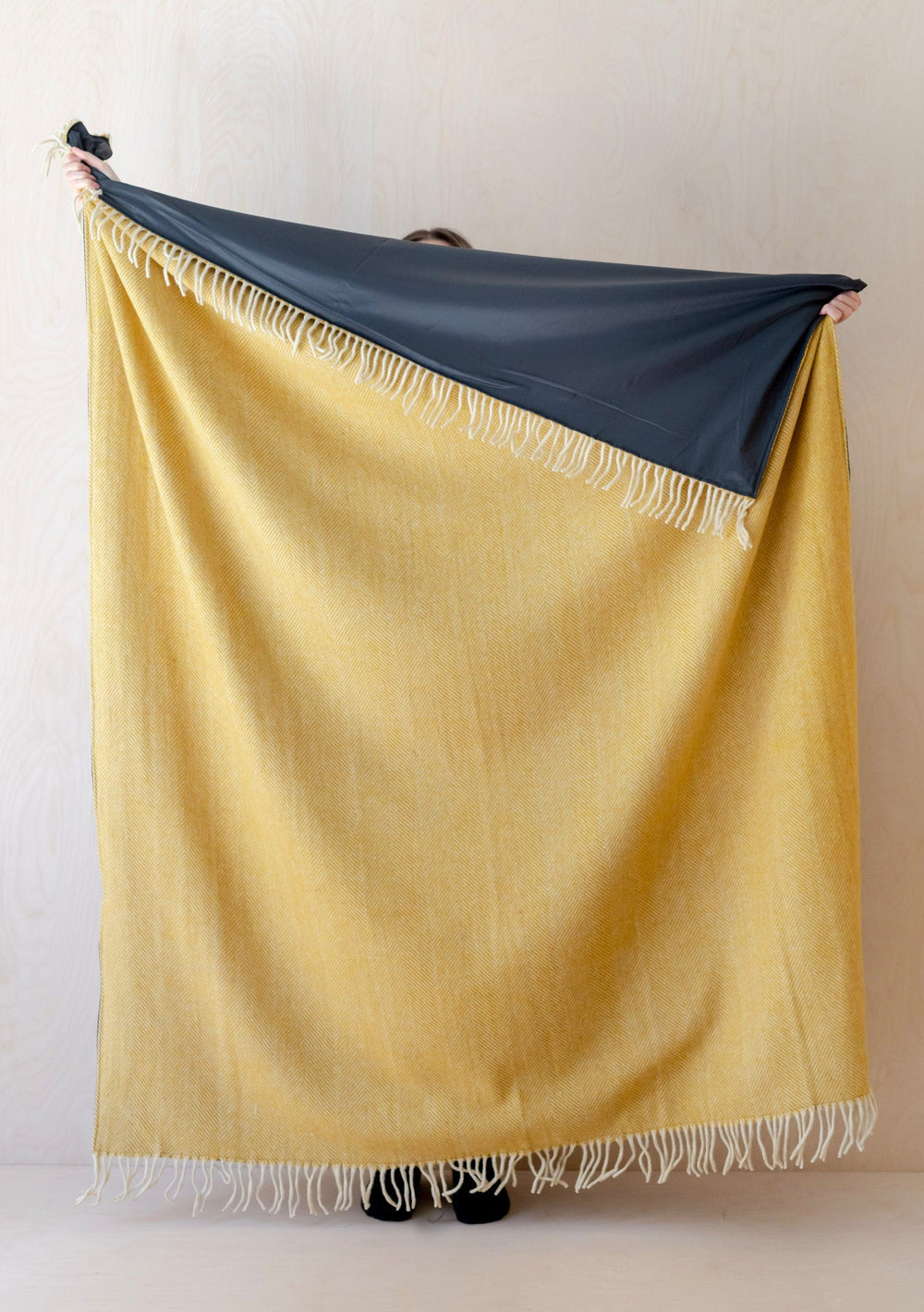 Recycled Wool Picnic Blanket in Mustard Herringbone - TBCo 