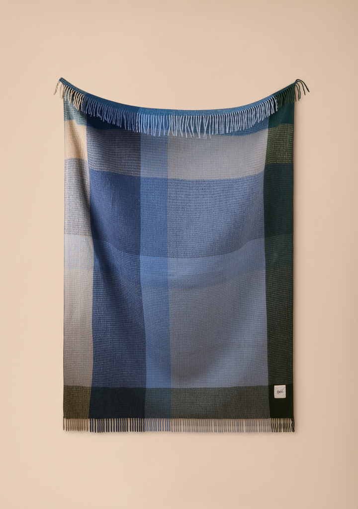 Recycled Wool Blanket in Blue Waffle Block Check