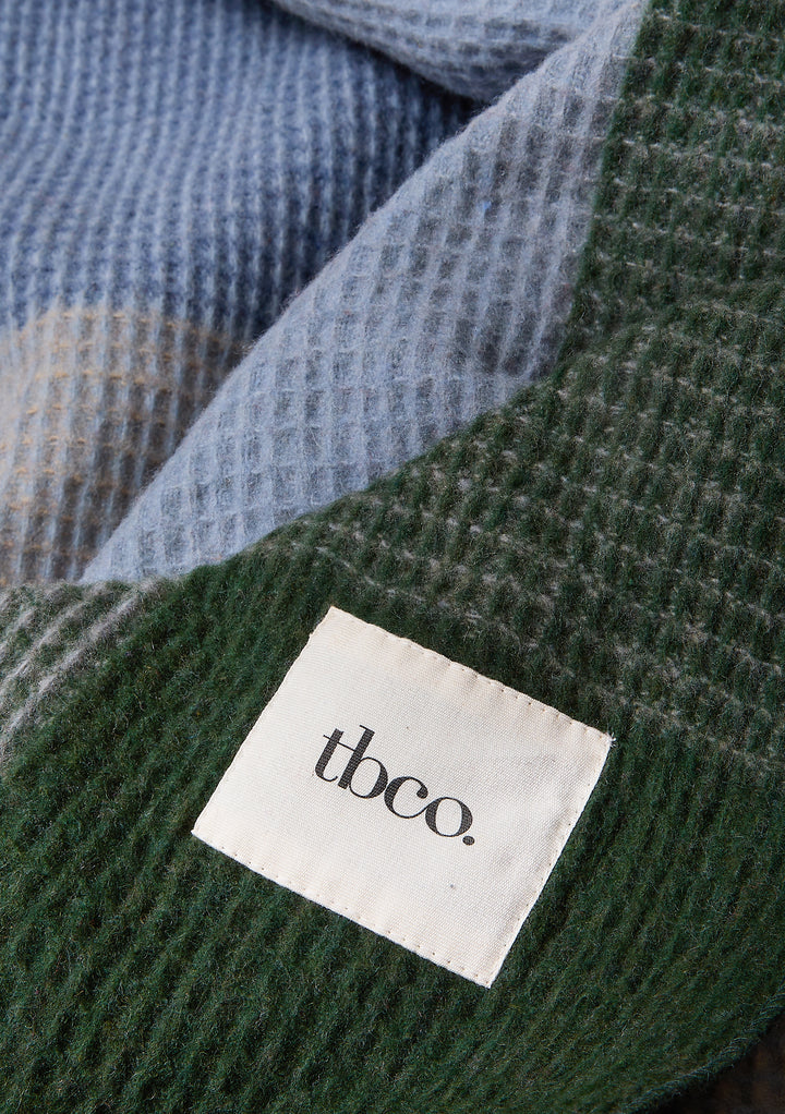 Recycled Wool Blanket in Blue Waffle Block Check