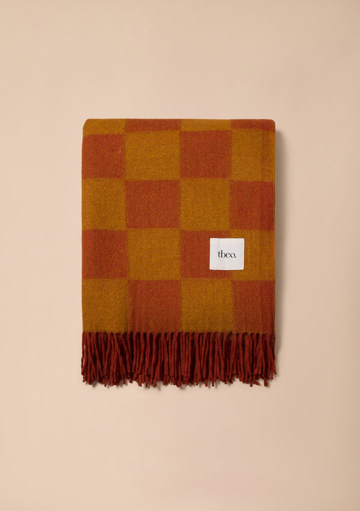 Recycled Wool Blanket in Mustard and Orange Checkerboard