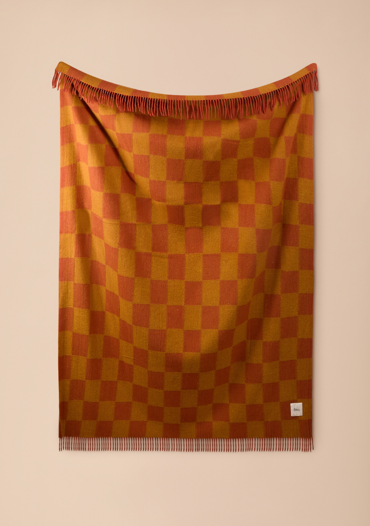 Recycled Wool Blanket in Mustard and Orange Checkerboard