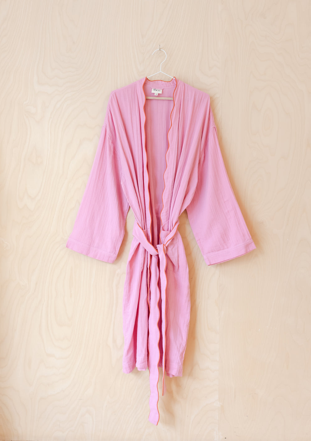 TBCo Cotton Robe in Pink Scallop featuring elegant scalloped edges and belted waist, crafted from soft cotton gauze