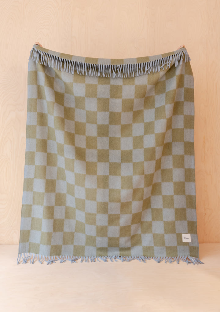 Recycled Wool Blanket in Blue & Green Checkerboard