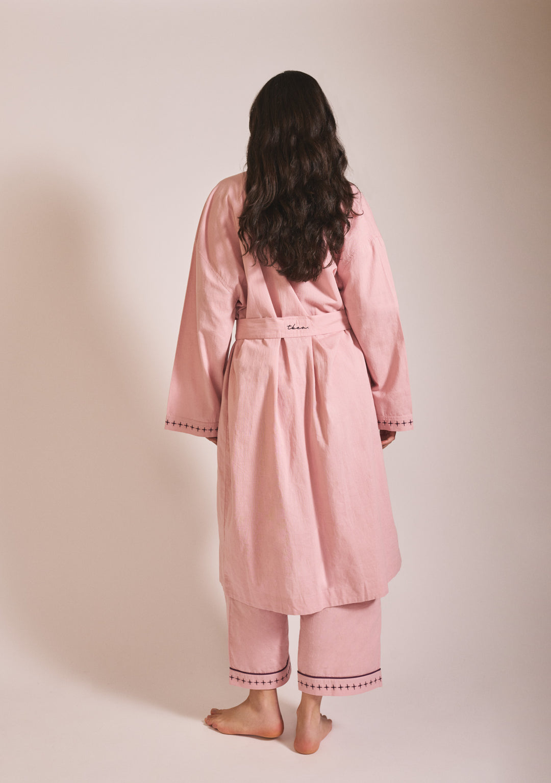 Back view of TBCo Cotton & Linen Robe in Pink with blackberry embroidery, gallery position 2, portrait 1442x2048px