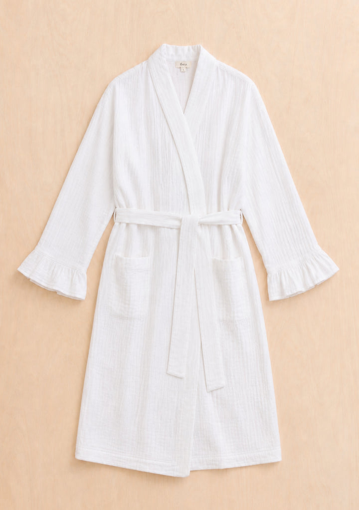 TBCo Cotton Robe in White Ruffle with natural and recycled fibres, Certified B-Corp, Women-Founded, designed to make an impact