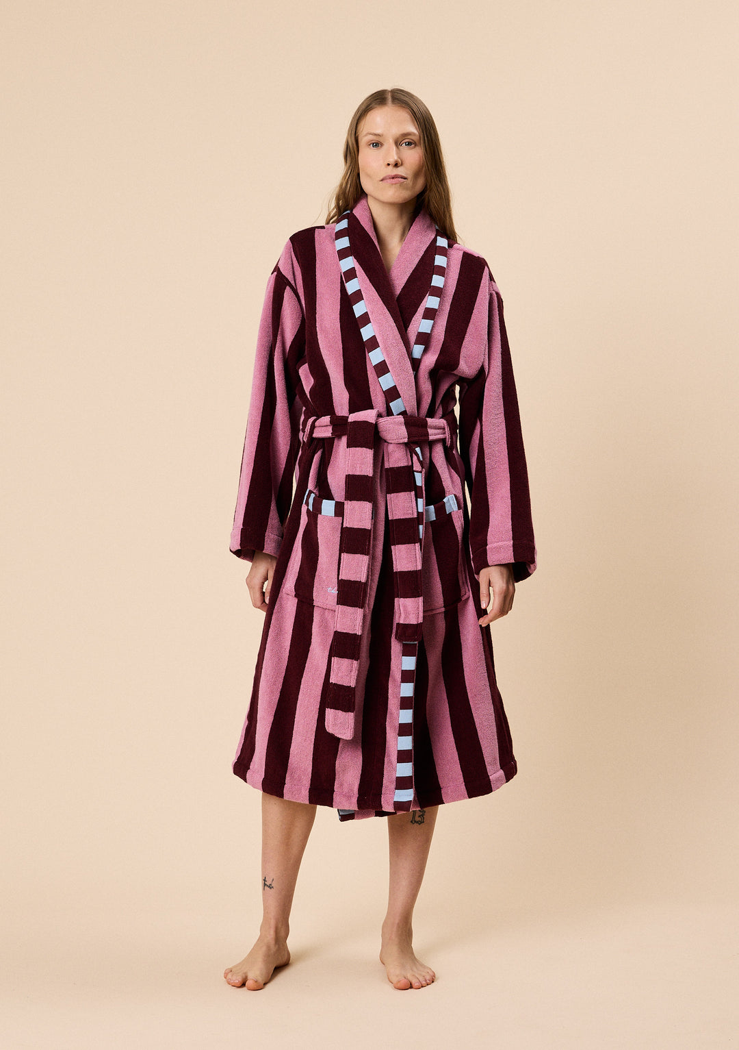 TBCo Terry Cotton Towelling Bath Robe in Burgundy & Pink Stripe TBCo Terry Cotton Towelling Bath Robe in Burgundy & Pink Stripe