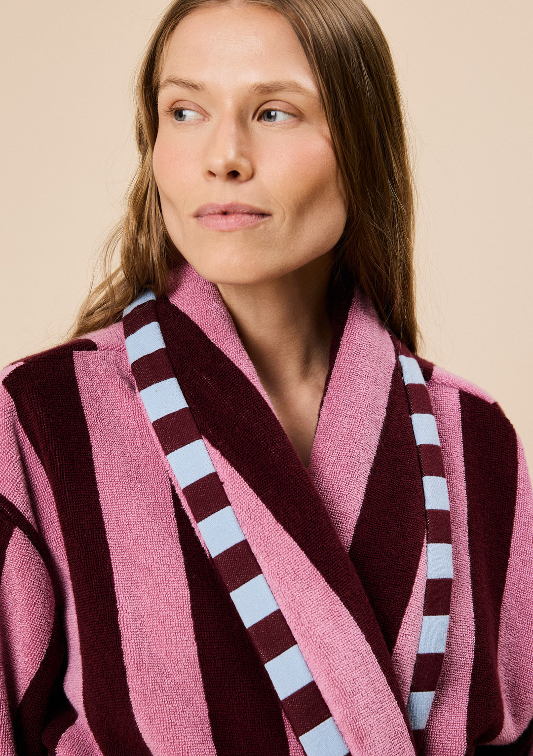 TBCo Terry Cotton Towelling Bath Robe in Burgundy & Pink Stripe TBCo Terry Cotton Towelling Bath Robe in Burgundy & Pink Stripe