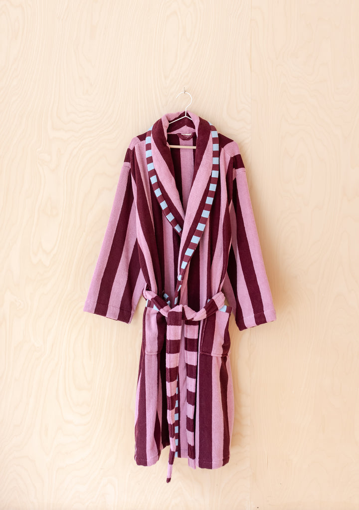 Cotton Bath Robe in Burgundy Stripe by TBCo, lightweight plush cotton with pockets, sash, striped lining, and checkerboard trim.