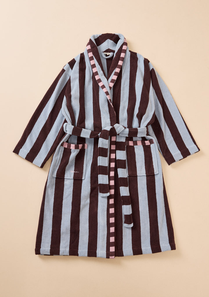 TBCo Terry Cotton Bath Robe in Blue Stripe with bold vertical stripes and pink trimmed collar and pockets laid flat